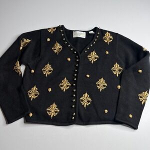 Lisa‎ Nichols Vintage Black Gold Fleur De Lis Embroidered Cardigan Sweater Small